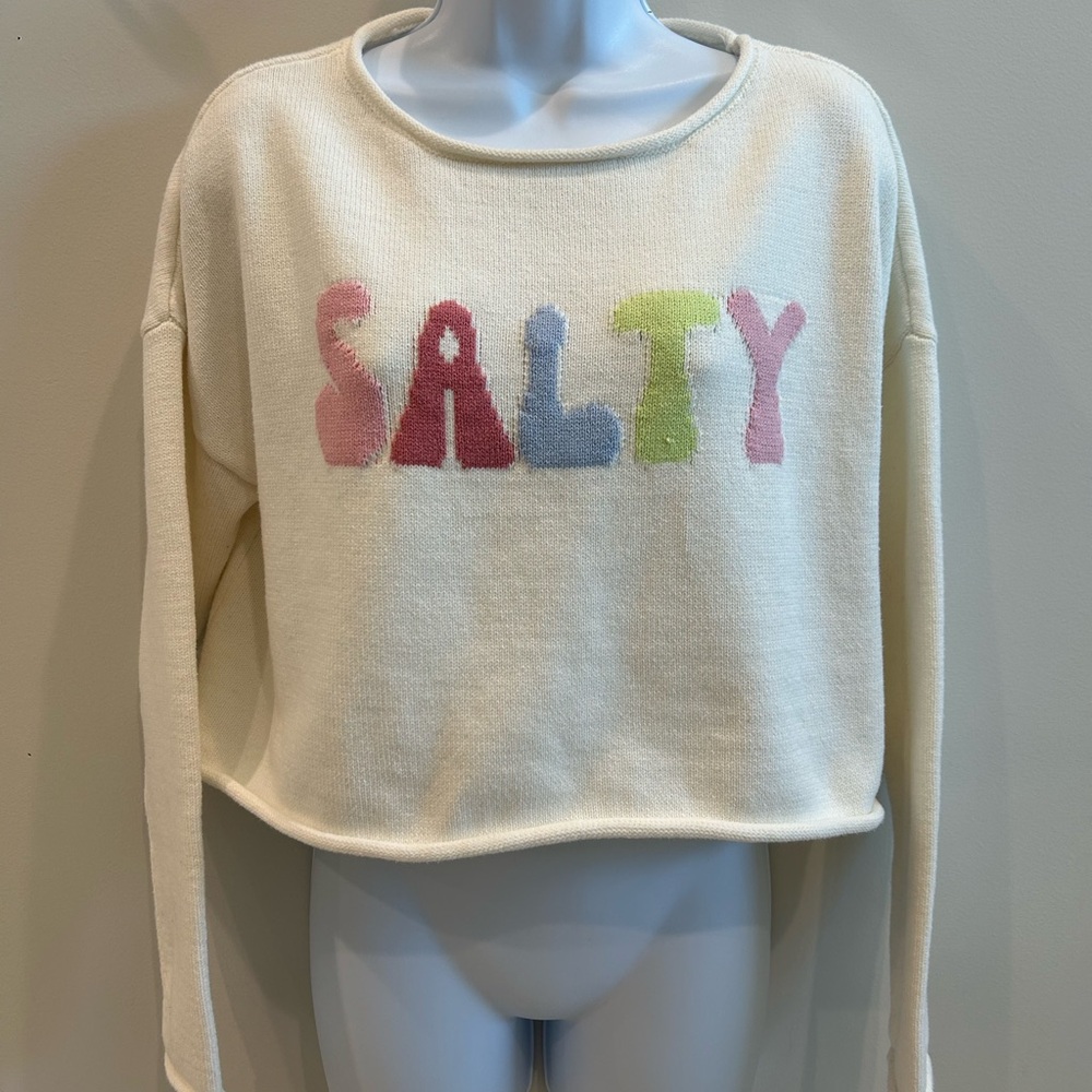 Cropped Cream Knit Sweater With “SALTY” Logo Across The Chest - Size Medium